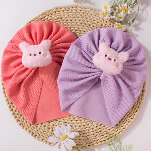 Cute Baby Turban Hat Waffle Knit Infant Beanie With 3D Plush Animal Decor Soft Breathable Turban Cap For Newborn Toddler Photography