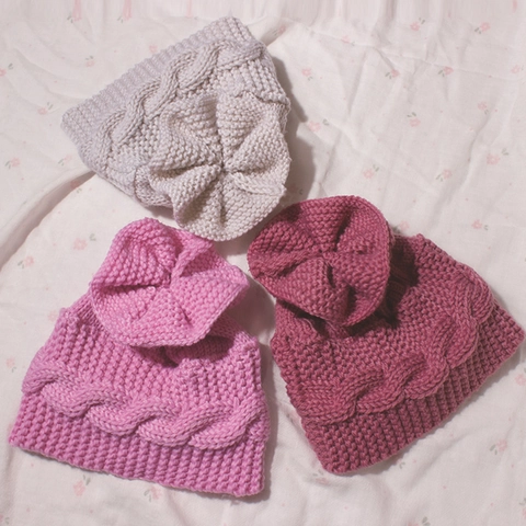 Gorro de Punto de Ocho para Bebé Recién Nacido Gorro Cálido de Invierno Color Sólido Nudo de Flor Accesorios para Niños