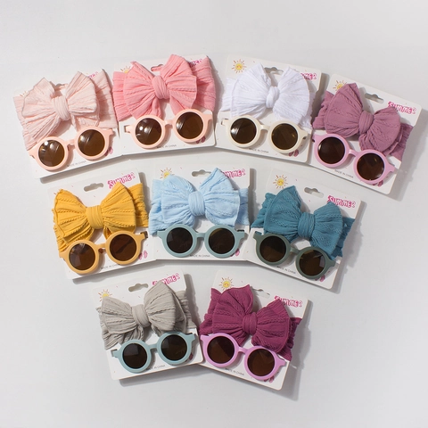 Baby Girls Headband Sunglasses Set Big Bow Knit Nylon Hairband Round Frame Plastic Sun Glasses For Infants Toddlers 0-3 Years