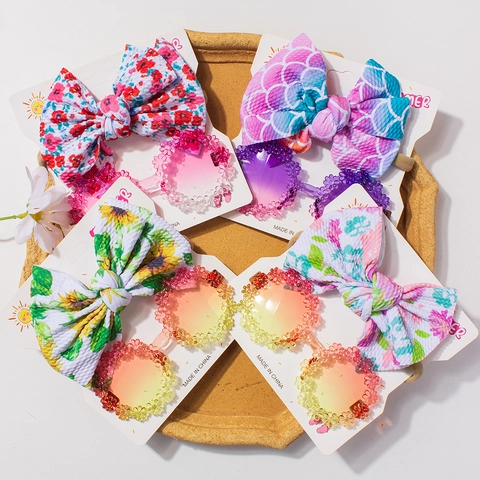 Toddler Girls Floral Sunglasses And Elastic Bowknot Headband Accessory UV Protection Summer Beach Vacation Cute Hair Decor
