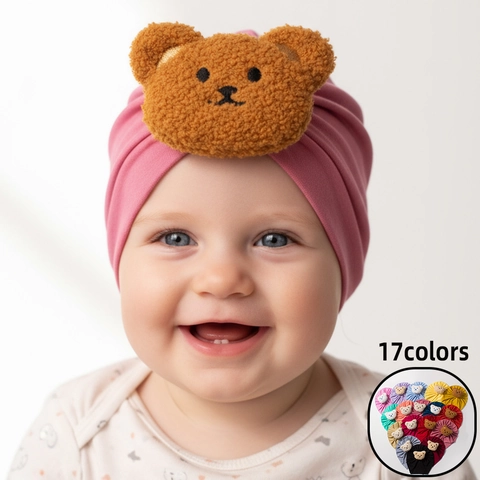 Soft Solid Color Baby Turban Hat With Cute Plush Bear Patch Comfortable Knitted Infant Headwrap Beanie For Newborn Toddler