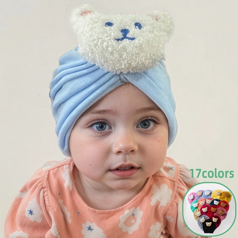 Soft Solid Color Baby Turban Hat With Cute Plush Bear Patch Comfortable Knitted Infant Headwrap Beanie For Newborn Toddler