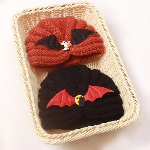 Halloween Baby Knitted Beanie Hat Warm Winter Toddler Turban Hat With Bat Wings Pumpkin Ghost Decor For Infant Boys Girls