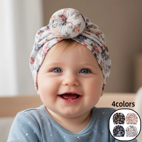 Baby Turban Mütze Mit Blumendruck Weich Polyester Donut Knoten Kopfbedeckung Für Neugeborene Kleinkinder Mädchen Casual Beanie