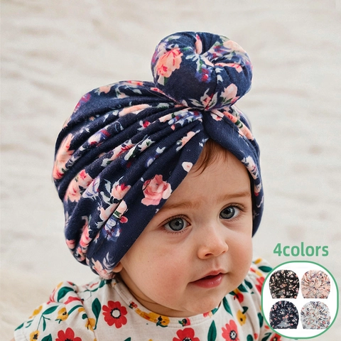 Baby Turban Mütze Mit Blumendruck Weich Polyester Donut Knoten Kopfbedeckung Für Neugeborene Kleinkinder Mädchen Casual Beanie