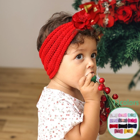 Diadema de Punto Suave para Bebé Con Flor de Satén 3D Grande Color Sólido Elástica Cálida de Invierno para Niñas Accesorios para el Cabello