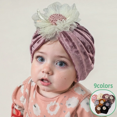 Bonnet Turbant Bébé en Velours Doré Style Indien Avec Grande Fleur en Filet Plissé Doux et Chaud pour Fillettes