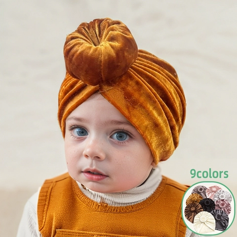 Baby Velvet Turban Hat Donut Knot Headwrap For Newborn Toddler Infant Solid Color Pleated Beanie Cap Winter Warm Headwear