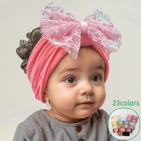 Infant Jacquard Bow Headband Stretch Nylon Baby Girl Hair Accessories Soft Lace Bowknot Newborn Turban Elastic Headwear Gift