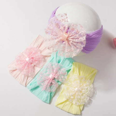 Infant Jacquard Bow Headband Stretch Nylon Baby Girl Hair Accessories Soft Lace Bowknot Newborn Turban Elastic Headwear Gift