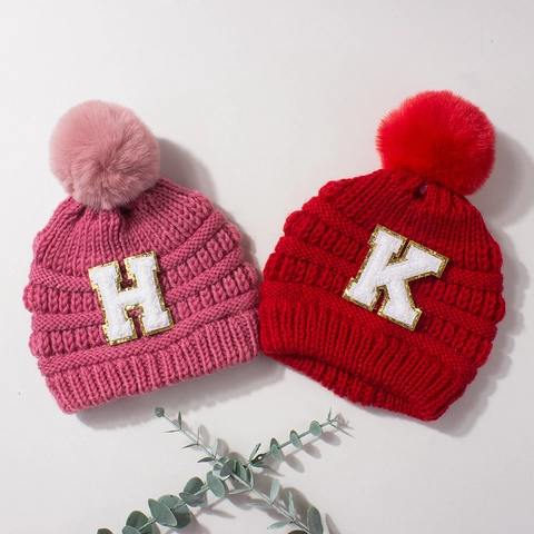 Infant Baby Winter Knit Beanie Hat Warm Polyester Ribbed Cap With Faux Fur Pom Pom And Sequin Letter Patch For Boys Girls