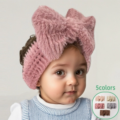 Mignon Bandeau Bébé en Peluche avec Nœud Doux Chaud Polyester Couleur Unie Accessoire Cheveux pour Automne Hiver