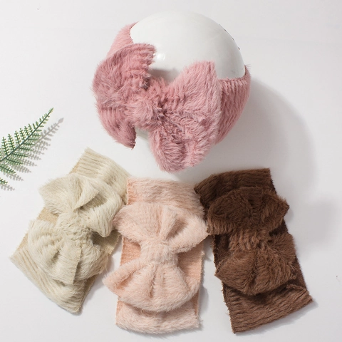 Mignon Bandeau Bébé en Peluche avec Nœud Doux Chaud Polyester Couleur Unie Accessoire Cheveux pour Automne Hiver