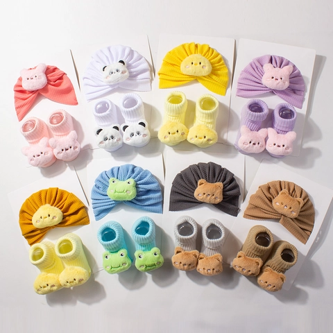 Baby Hat And Socks Set Cartoon Animal Soft Turban Headwrap For Newborn Infant Toddler Breathable Polyester Knitted Accessories