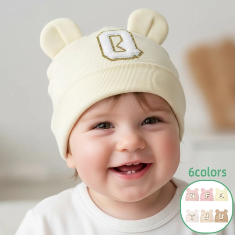 Infant Baby Beanie Hat Polyester Soft Bear Ear Alphabet Patch Warm Pullover Cap Newborn Toddler Girls Boys Ribbed Knit Hat