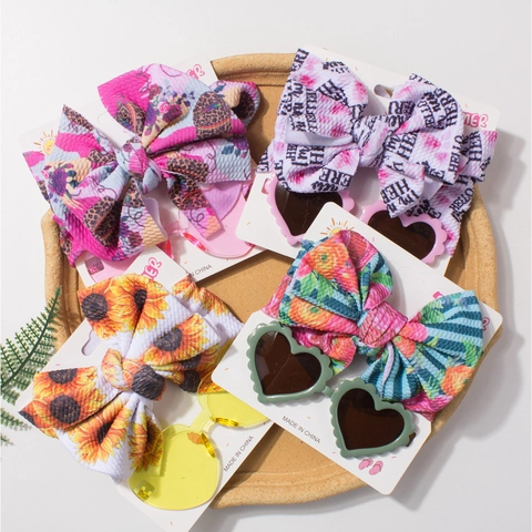 Baby Girls Headband And Heart Sunglasses Set Polyester Tie Dye Bow Hair Band Infant Toddler Outdoor Fashion Accessories