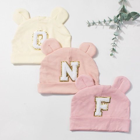 Infant Baby Beanie Hat Polyester Soft Bear Ear Alphabet Patch Warm Pullover Cap Newborn Toddler Girls Boys Ribbed Knit Hat