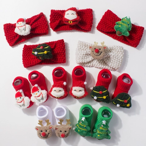 Combinación de Diadema y Calcetines de Navidad para Bebé Reno Papá Noel Muñeco de Nieve Felpa Decoración Accesorios Regalo Festival