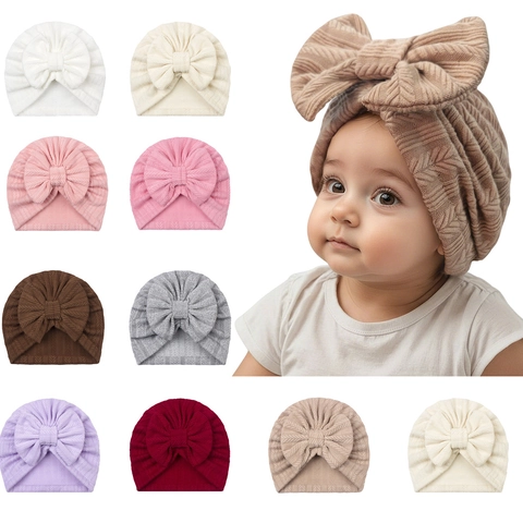 Baby Turban Hat With Large Bow Soft Knitted Polyester Baby Beanie For Infants Newborns Toddlers Solid Color Indian Hat