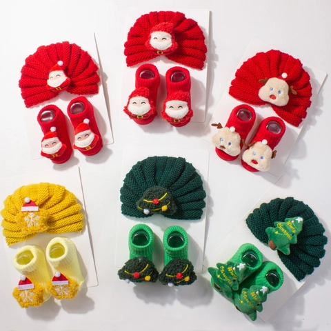 Baby Christmas Hat Socks Cartoon Santa Reindeer Pattern Winter Warm Knitted Accessories Infant Turban Cap Footwear Gift