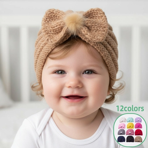 Soft Polyester Knit Baby Turban Hat With Large Bow And Faux Fur Pompom Warm Winter Beanie For Infants Toddlers Daily Accessories