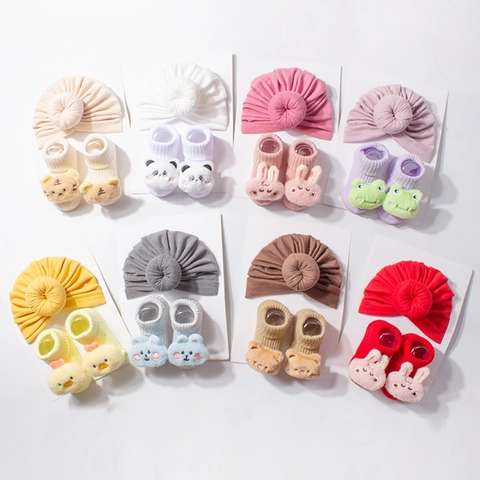 Baby Hat And Socks Set Polyester Cartoon Animal Donut Knot Turban Beanie Winter Warm For Newborn Infant Toddler Accessories