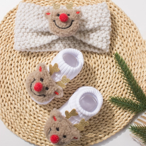 Combinación de Diadema y Calcetines de Navidad para Bebé Reno Papá Noel Muñeco de Nieve Felpa Decoración Accesorios Regalo Festival