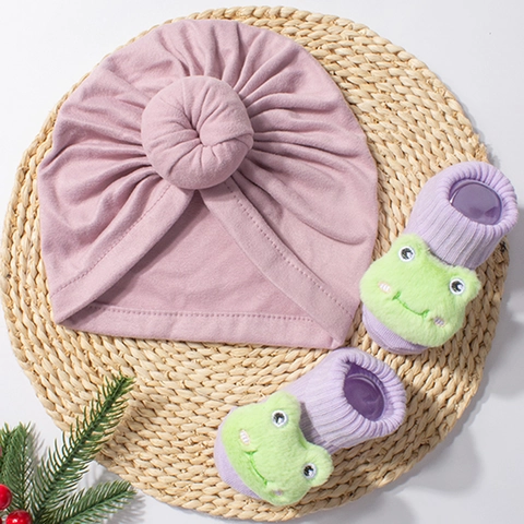 Baby Hat And Socks Set Polyester Cartoon Animal Donut Knot Turban Beanie Winter Warm For Newborn Infant Toddler Accessories