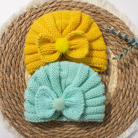 Soft Polyester Knit Baby Turban Hat With Large Bow And Faux Fur Pompom Warm Winter Beanie For Infants Toddlers Daily Accessories