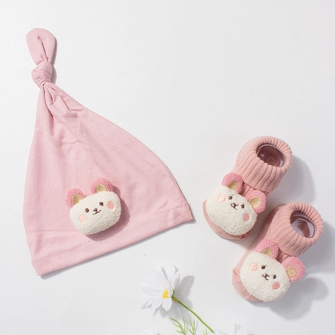 Soft Polyester Baby Hat And Socks Set Cartoon Bear Beanie Hat For Newborn Infant Toddler Winter Warm Knitted Accessories