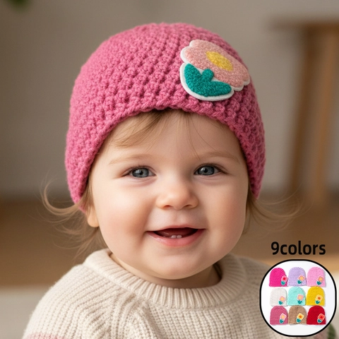 Baby Knitted Hat Polyester Warm Winter Pullover Cap With 3D Flower Patch Solid Color For Newborn Infants Toddlers Kids