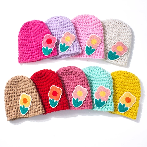 Baby Knitted Hat Polyester Warm Winter Pullover Cap With 3D Flower Patch Solid Color For Newborn Infants Toddlers Kids
