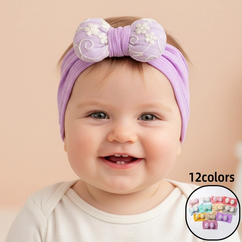 Fascia Elastica per Neonati Con Grande Fiocco Imbottito Motivo Ricamo Floreale Morbida Fascia per Capelli in Maglia per Bambini