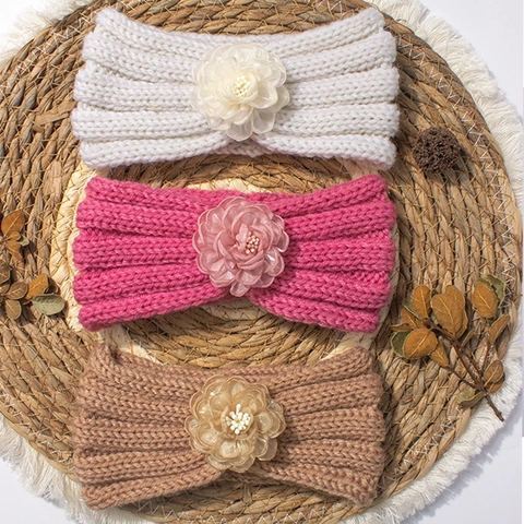 Diadema de Punto de Poliéster para Bebé Con Flor de Malla Banda de Pelo de Ganchillo Cálida para Niñas de 0-3 Años