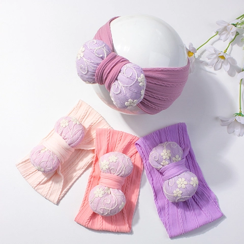 Fascia Elastica per Neonati Con Grande Fiocco Imbottito Motivo Ricamo Floreale Morbida Fascia per Capelli in Maglia per Bambini