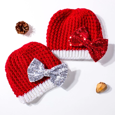 Kerst Baby Gebreide Muts Schattig Grote Pailletten Strik Baby Beanie Winter Warm Zacht Haakwerk Kinderen Muts Feestelijke Hoofddeksel