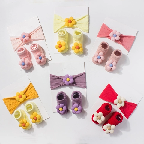 Baby Headband And Socks With 3D Flower Ribbed Nylon Polyester Infant Newborn Decorative Gift For Girls