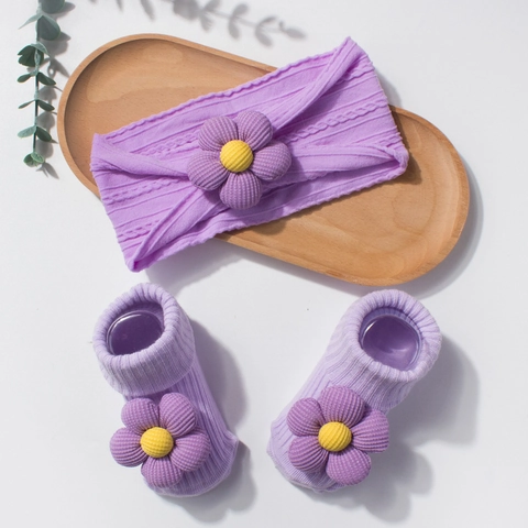 Baby Headband And Socks With 3D Flower Ribbed Nylon Polyester Infant Newborn Decorative Gift For Girls