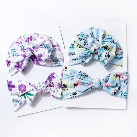 Ensemble Bonnet Turbant et Bandeau pour Bébé en Tricot Nervuré Imprimé Floral avec Nœud Accessoires Nouveau-né
