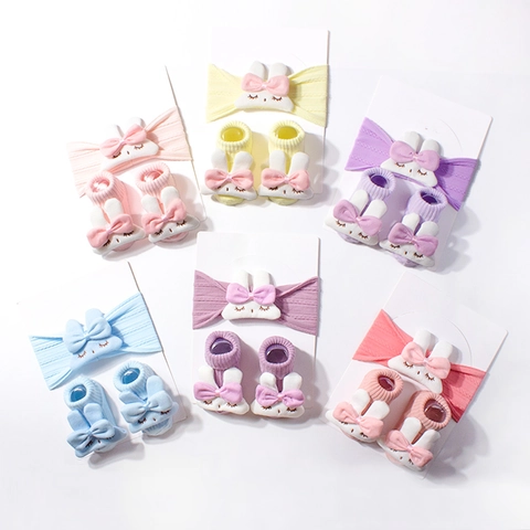 Baby Knitted Headband And Socks With Plush Rabbit Bow Cute Toddler Newborn Elastic Hair Band Footwear Soft Comfortable Accessory