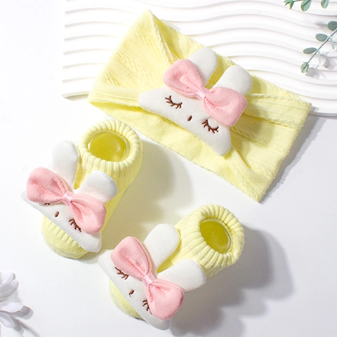 Baby Knitted Headband And Socks With Plush Rabbit Bow Cute Toddler Newborn Elastic Hair Band Footwear Soft Comfortable Accessory