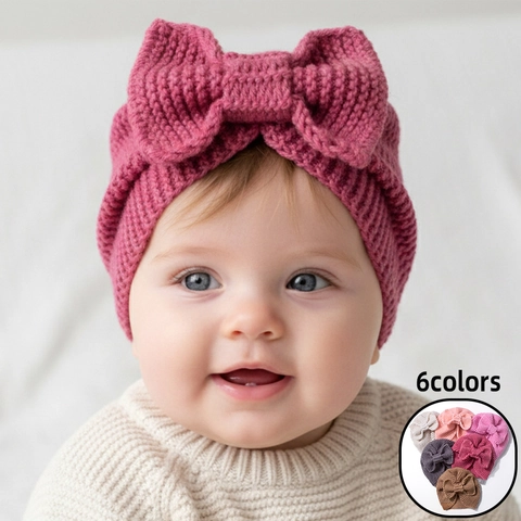 Infant Knit Turban Hat with Big Bow Solid Color Toddler Winter Warm Beanie Crochet Headwrap for Baby Girls Accessories