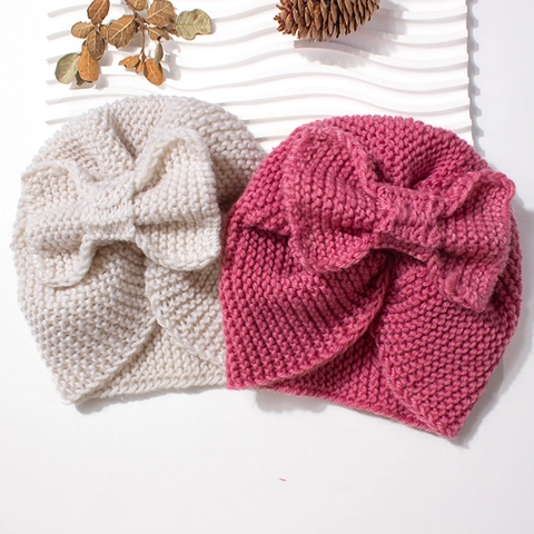 Infant Knit Turban Hat with Big Bow Solid Color Toddler Winter Warm Beanie Crochet Headwrap for Baby Girls Accessories