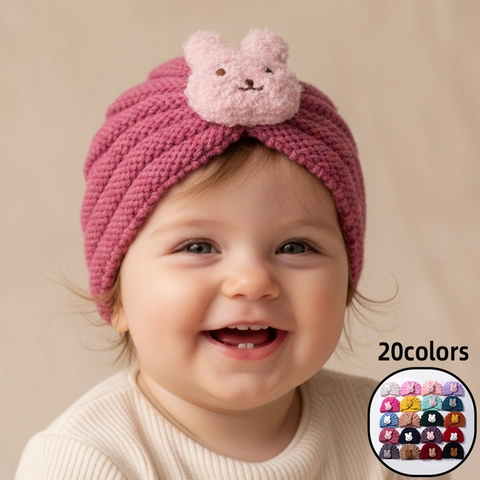 Cute Baby Knitted Turban Hat With Cartoon Rabbit Decor Warm Windproof Winter Infant Toddler Beanie Cap For Boys Girls