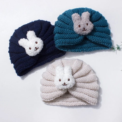 Cute Baby Knitted Turban Hat With Cartoon Rabbit Decor Warm Windproof Winter Infant Toddler Beanie Cap For Boys Girls
