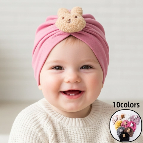 Infant Baby Turban Hat Polyester Warm Soft Knit Winter Beanie With Plush Rabbit Bear Decoration Solid Color Ruched Fashion Headwrap For Toddler