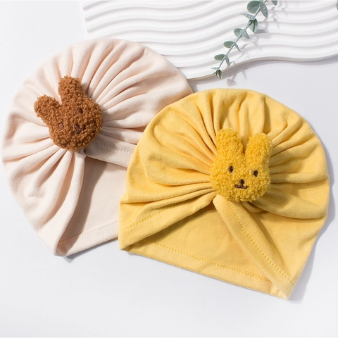 Infant Baby Turban Hat Polyester Warm Soft Knit Winter Beanie With Plush Rabbit Bear Decoration Solid Color Ruched Fashion Headwrap For Toddler