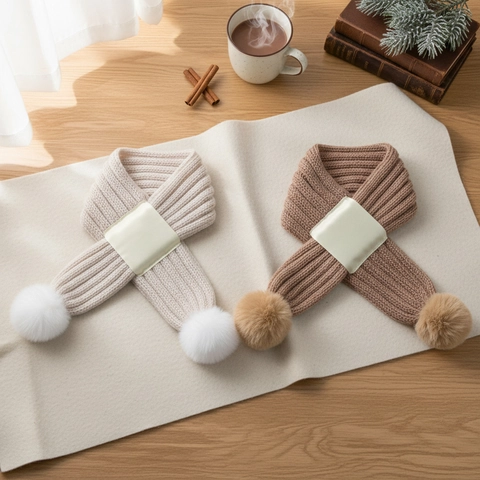 Bufanda Cruzada de Punto para Niños Invierno Cálido Poliéster Con Pompones Color Sólido Calentador de Cuello para Bebés
