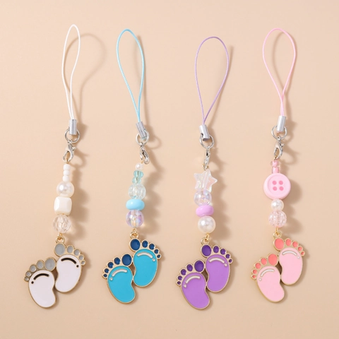 Cartoon Baby Footprint Beaded Keychain Phone Strap Bag Pendant Charm Enamel Zinc Alloy Footstep Jewelry Gift Decoration