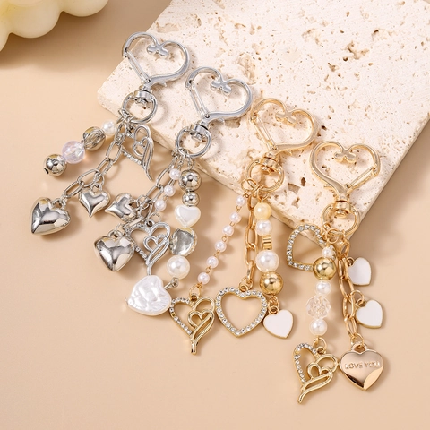 Mode Kralen Hart Sleutelhanger Voor Vrouwen Legering Strass Kunstparel Love You Tas Charm Hart Hanger Goud Zilver Sleutelring